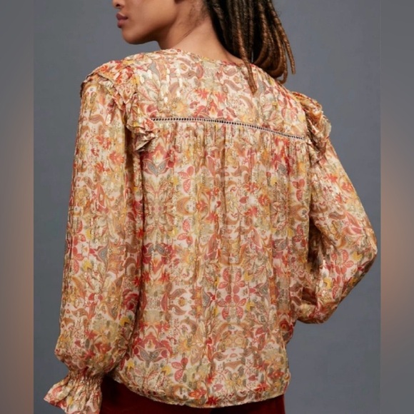Anthropologie’s Love the Label Floral Peasant Blouse Gold/Orange Hues Size XS - Picture 2 of 13
